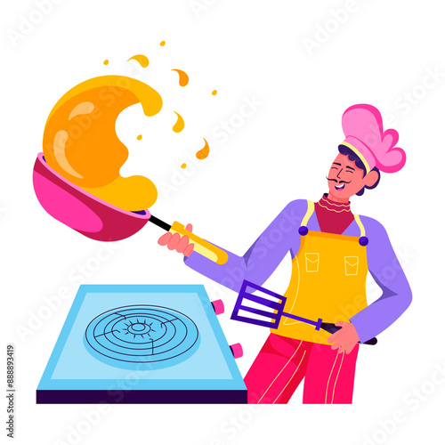 A flat style illustration of chef doing flipping pan trick 