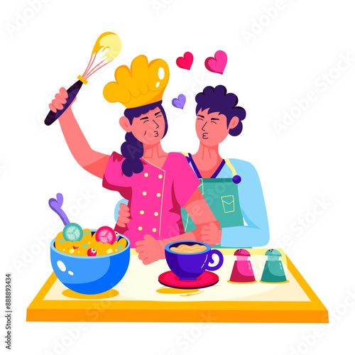 A flat character illustration of lovely cooking couple 
