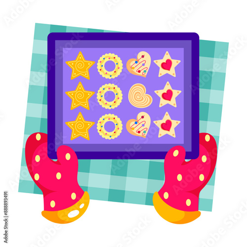 A flat style illustration of holding biscuits tray 