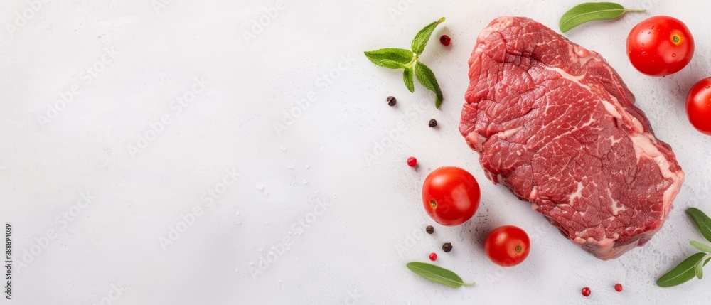 A pristine piece of raw meat, encircled by vibrant fresh tomatoes and basil leaves, against a pristine white backdrop A lush, emerald A pristine piece of raw meat, encircled by vibrant fresh tomatoes and basil leaves, against a pristine white backdrop A lush, emerald