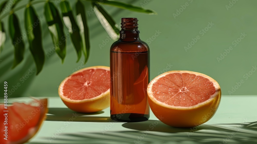 Brown amber bottle mockup, grapefruit background Brown amber bottle mockup, grapefruit background