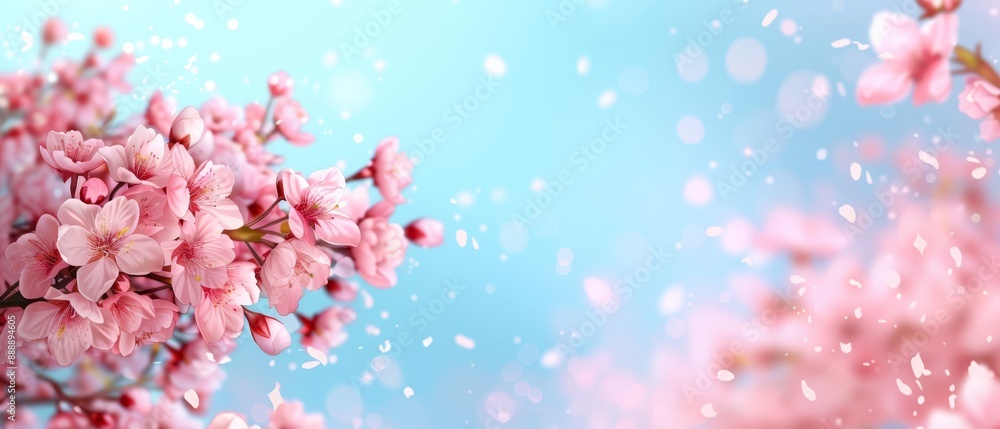 A branch bears numerous pink blossoms, their petals dotted with water droplets, against a backdrop of a clear blue sky A branch bears numerous pink blossoms, their petals dotted with water droplets, against a backdrop of a clear blue sky