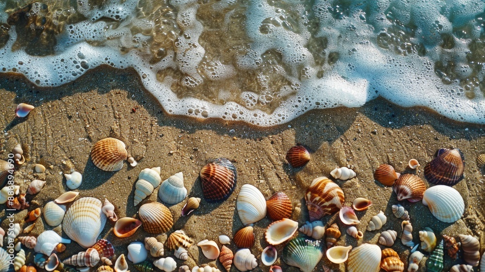 Fototapeta premium Beach with seashells rocks and sand