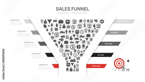 Infographic Sales funnel diagram template for business. Modern Timeline 5 step, digital marketing data, presentation vector infographics.