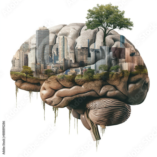 Urban Brain Concept: Cityscape Blending with Human Brain