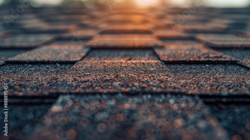 Close-up of asphalt shingles on a roof with sunlight in the background.
