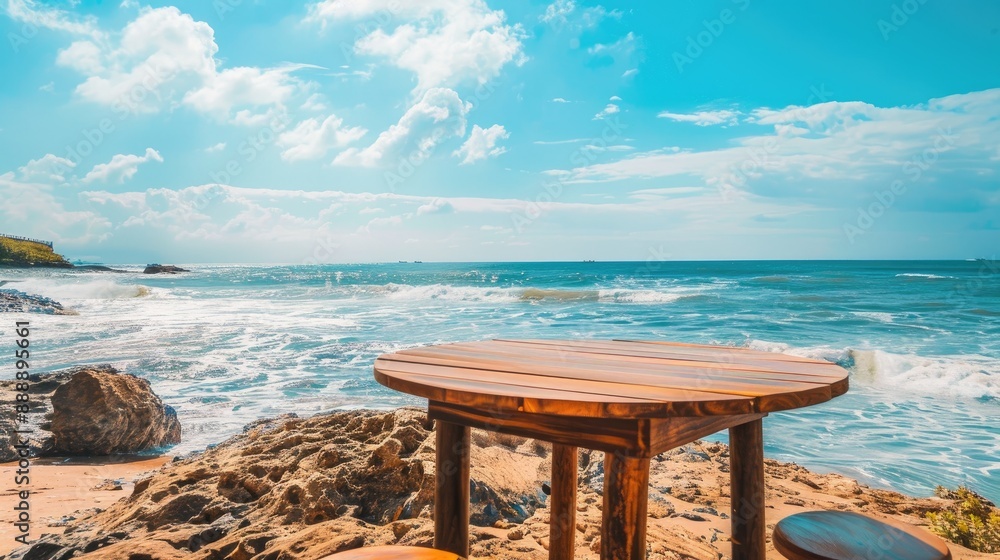 Beautiful Ocean Beach View with Table Background for Product Display Beautiful Ocean Beach View with Table Background for Product Display