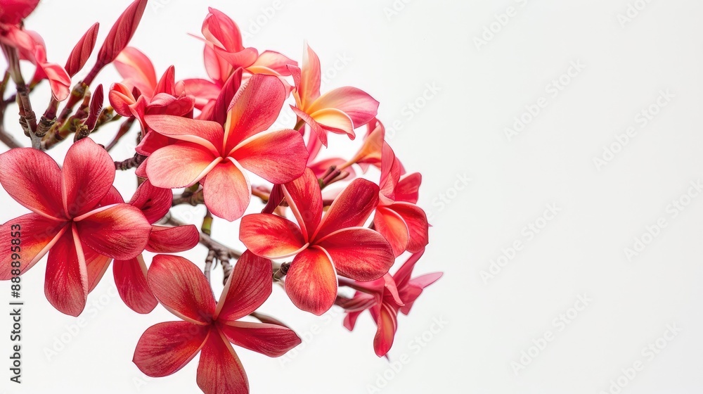 Beautiful red plumeria flowers against a white sky background Beautiful red plumeria flowers against a white sky background