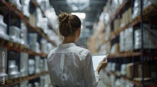  A person stand in an warehouse with a tablet and checks the statements