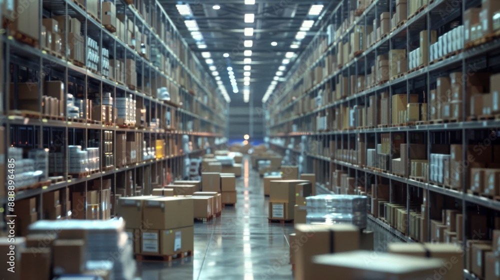 Fototapeta premium A large, long logistics warehouse filled with boxes