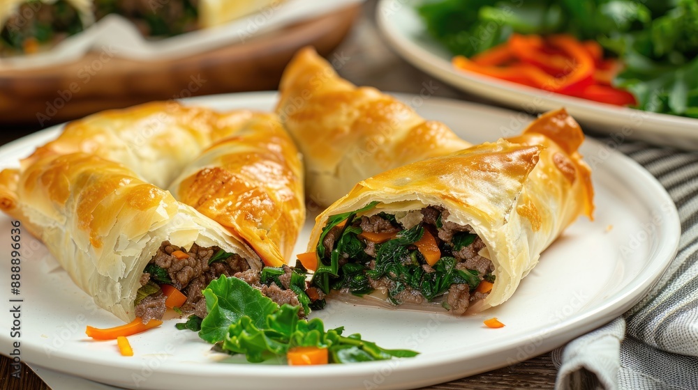 Beef and greens cheburek served on a white plate