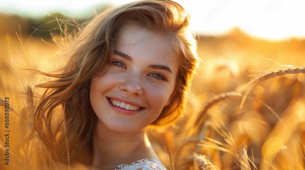 A young woman with a bright smile, enjoying her time in a golden wheat field A young woman with a bright smile, enjoying her time in a golden wheat field