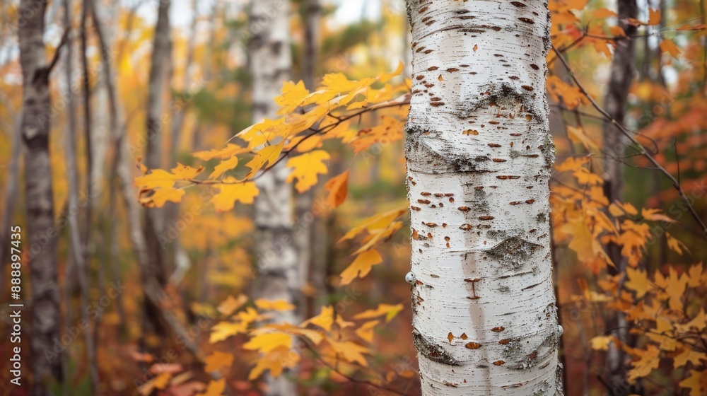 Birch tree s white bark contrasts fall colors in the woods Birch tree s white bark contrasts fall colors in the woods