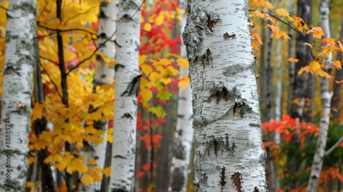 Birch tree s white bark contrasts fall colors in the woods photo