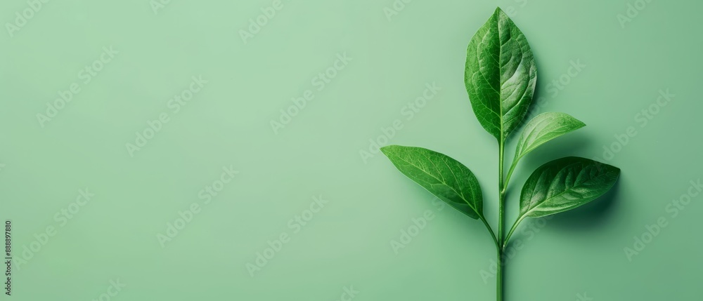Fototapeta premium Close-up of a green leaf against a light green background with ample empty space in the middle