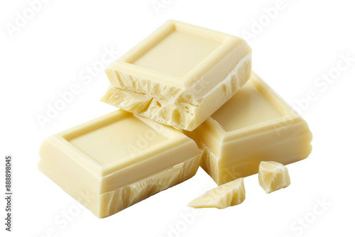 Close up of white chocolate with chunk pieces isolated on background, sweet milk choc squares. photo