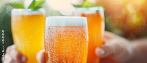  A person closely holds two glassess of beer One glass bears a green leaf atop photo