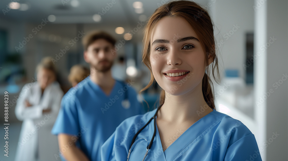 Nurse wearing blue scrubs and smiling at the camera Nurse wearing blue scrubs and smiling at the camera