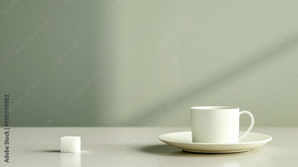 White coffee cup with saucer and sugar cube on white table with green wall background White coffee cup with saucer and sugar cube on white table with green wall background