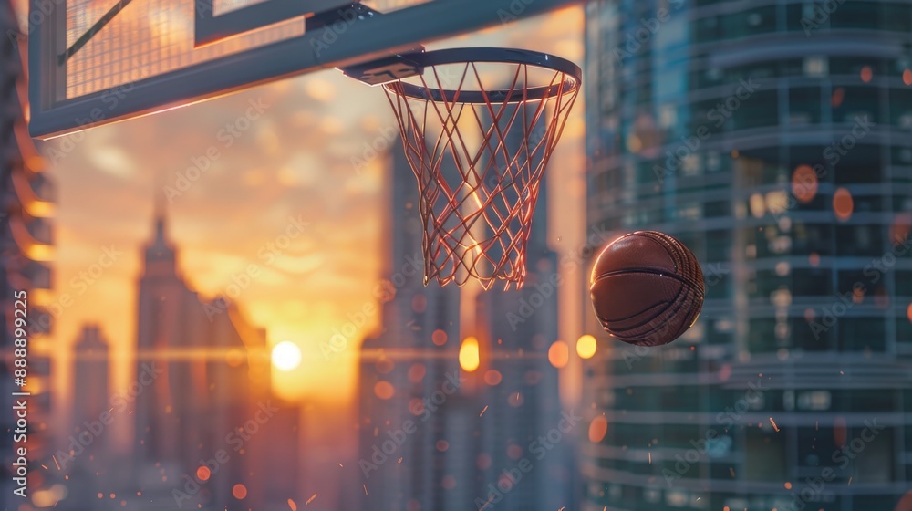Ball in basketball hoop with bokeh background of skyscraper and sunset Ball in basketball hoop with bokeh background of skyscraper and sunset