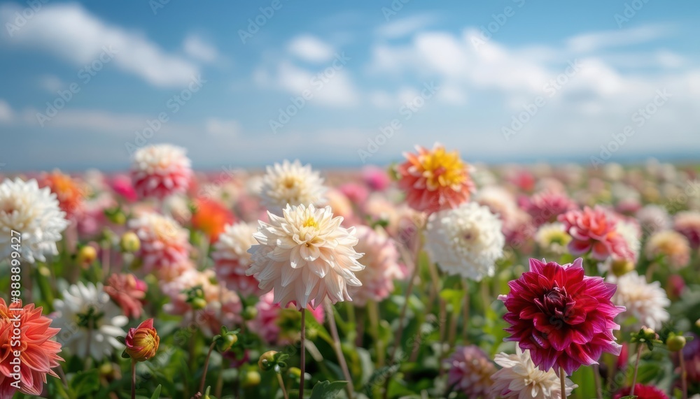 Vibrant field of colorful dahlias under a bright blue sky with fluffy clouds. Vibrant field of colorful dahlias under a bright blue sky with fluffy clouds.