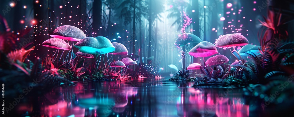 Fototapeta premium A vibrant, futuristic illustration of a bioluminescent animal in a neon forest