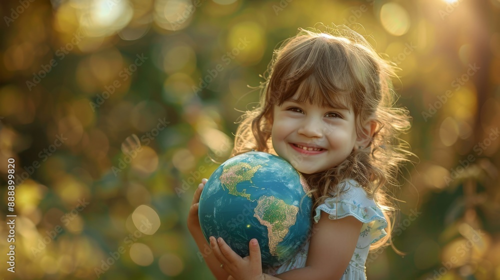 Naklejka premium A young smiling child girl hugging a planet earth