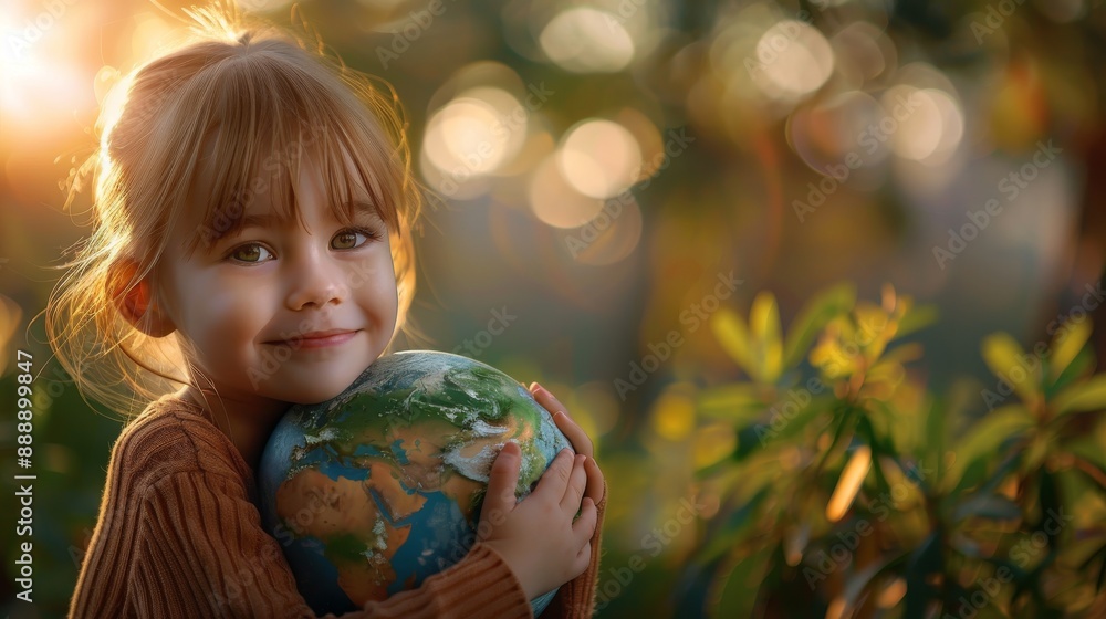 Fototapeta premium A young smiling child girl hugging a planet earth