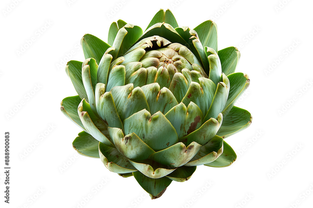 Green Globe artichoke with a purple base is isolated on a white background. Green Globe artichoke with a purple base is isolated on a white background.