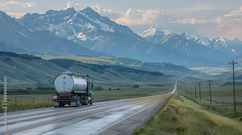 An oil tanker truck on a rural road, with mountains in the background An oil tanker truck on a rural road, with mountains in the background