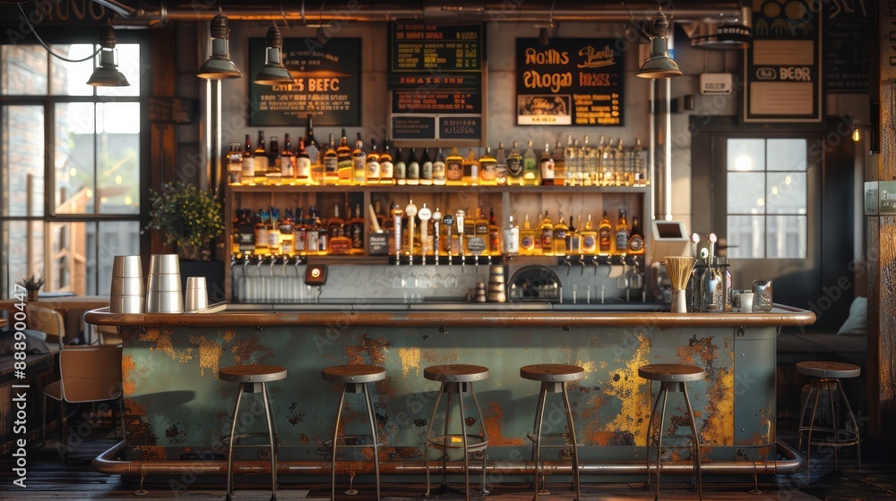 A warm, authentic bar seen from the front in warm light. The counter is made of zinc, with stools in the foreground and bottles of craft beer in the background. Generative AI. A warm, authentic bar seen from the front in warm light. The counter is made of zinc, with stools in the foreground and bottles of craft beer in the background. Generative AI.