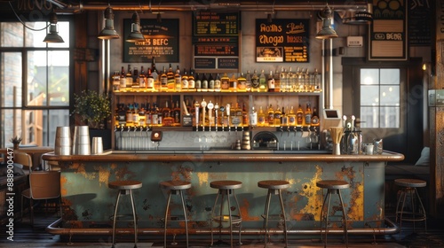 A warm, authentic bar seen from the front in warm light. The counter is made of zinc, with stools in the foreground and bottles of craft beer in the background. Generative AI. photo