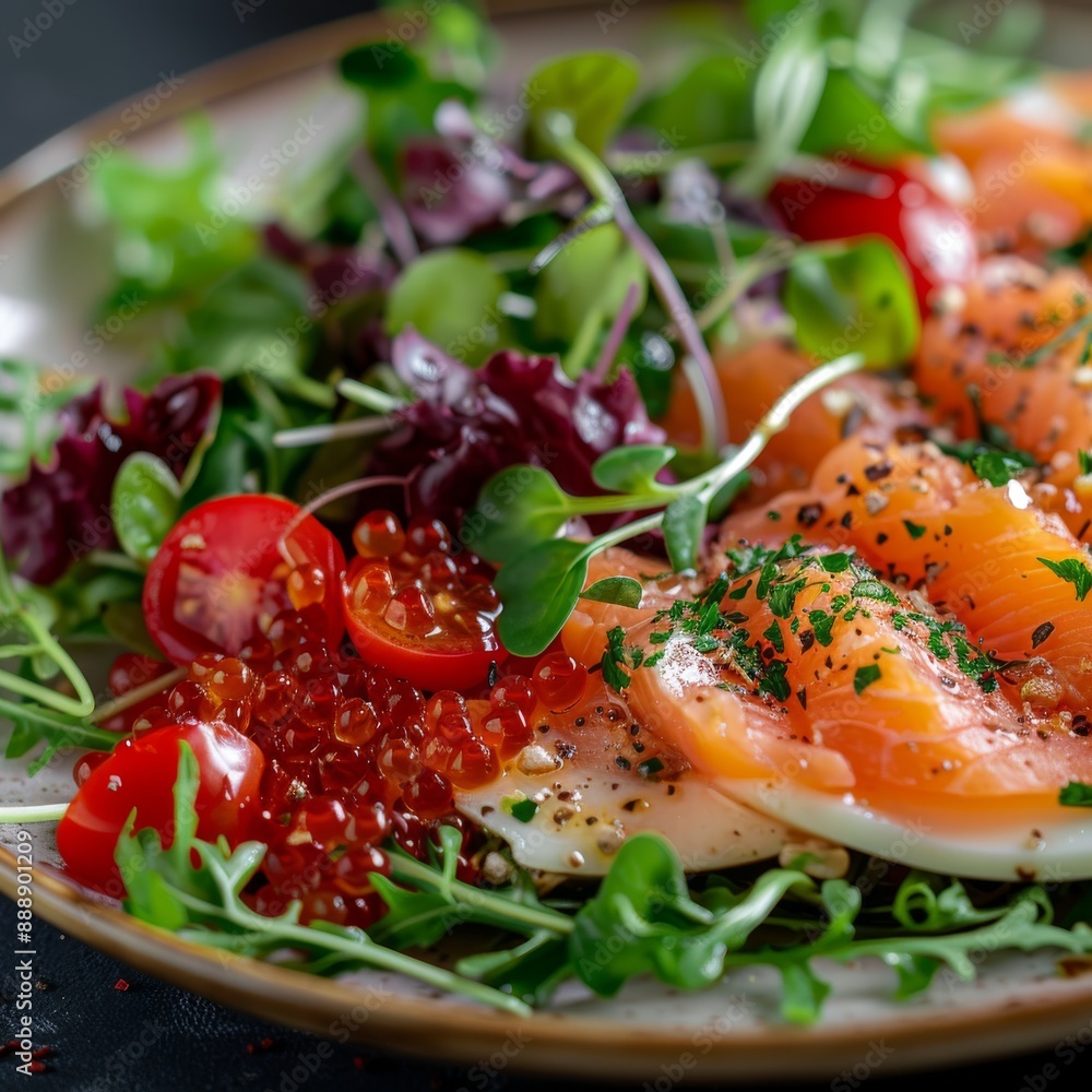 Smoked Salmon Salad, Red Caviar Salat with Dried Cherry Tomatoes, Quail Eggs and Greens, Seafood