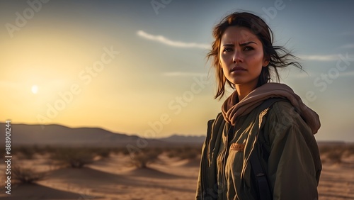 A sad girl standing alone in a desert, pain is showing, international day of combating sand and dust storm