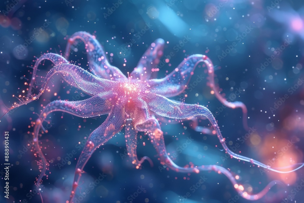 cinematic, photo realism, internal view, cellular environment, 3d realistic rendering view, photography style, cold colors, star shape cell, flat volume, cell with 5 branches,transparent surface with cinematic, photo realism, internal view, cellular environment, 3d realistic rendering view, photography style, cold colors, star shape cell, flat volume, cell with 5 branches,transparent surface with