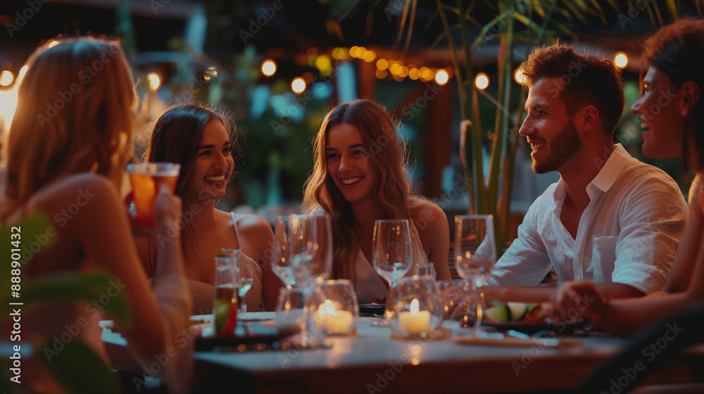 Group of four friends are sitting around a table in a restaurant Group of four friends are sitting around a table in a restaurant