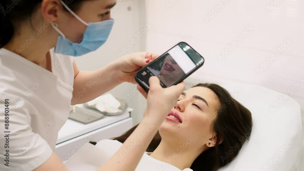 Medical office, a female doctor takes a photo of the patient's lips on the phone, after injecting hyaluronic acid into the lips. Correction of lip shape, demonstration of results, technology. Medical office, a female doctor takes a photo of the patient's lips on the phone, after injecting hyaluronic acid into the lips. Correction of lip shape, demonstration of results, technology.