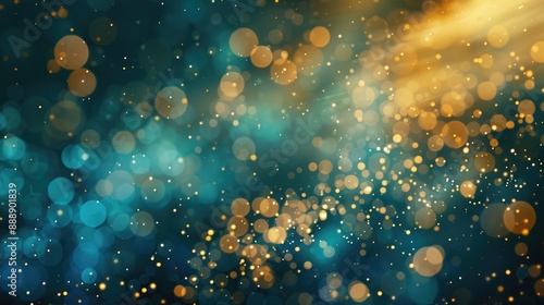 Golden particles in blue green fluid with a blurred background and shimmering finish