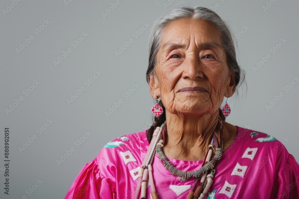 Portrait of an Elderly Native American Woman in Traditional Dress with Beaded Necklace and Earrings Portrait of an Elderly Native American Woman in Traditional Dress with Beaded Necklace and Earrings