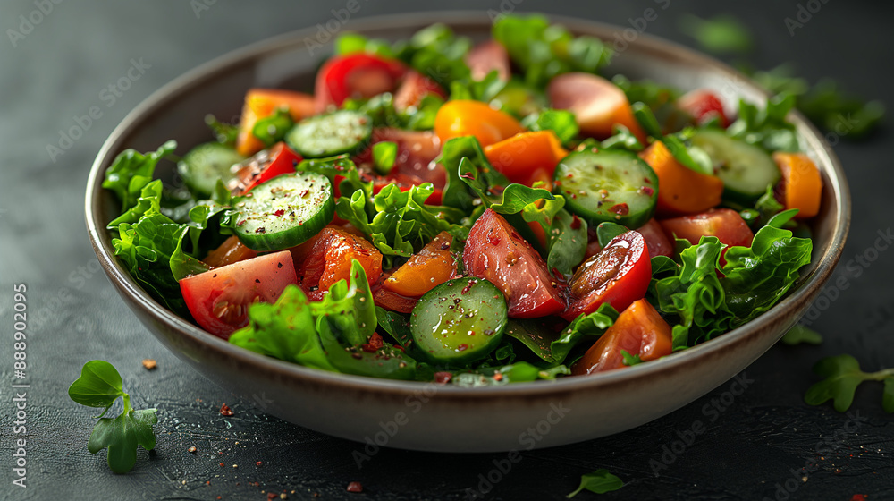 The image is of a bowl of salad with cucumbers, red and yellow tomatoes, and greens The image is of a bowl of salad with cucumbers, red and yellow tomatoes, and greens