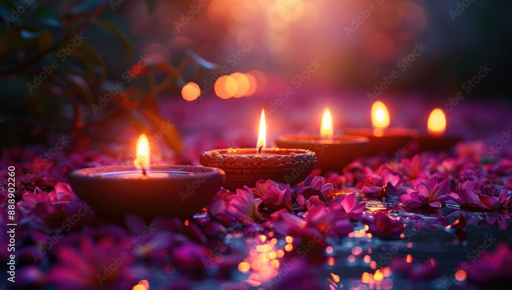 Colorful Diwali diya lamps lit during Dipavali, Hindu festival of lights celebration, Colorful clay diya lamps with flowers on purple background, AI Generated Colorful Diwali diya lamps lit during Dipavali, Hindu festival of lights celebration, Colorful clay diya lamps with flowers on purple background, AI Generated