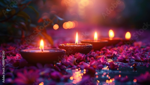 Colorful Diwali diya lamps lit during Dipavali, Hindu festival of lights celebration, Colorful clay diya lamps with flowers on purple background, AI Generated