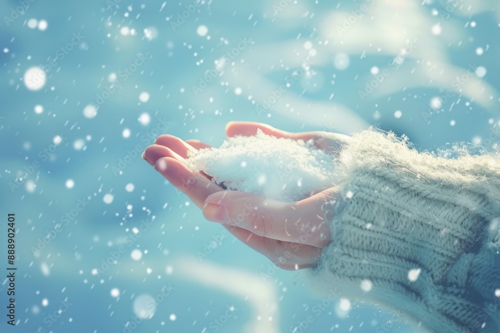 female hand hold on a white snow background, Magical fairy tale landscape copy space 