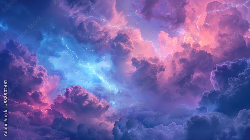 Horizontal sky view showing clouds and lightning with pink and blue hues Horizontal sky view showing clouds and lightning with pink and blue hues