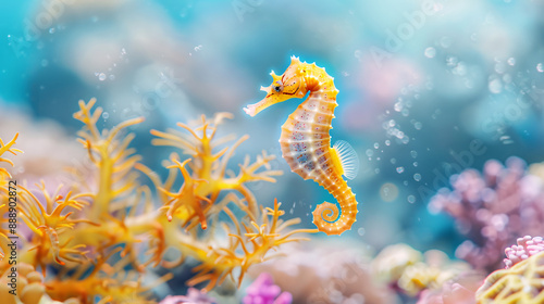 A yellow sea horse swimming in a coral reef. The coral reef is full of life and color, with pink and purple flowers and plants. The sea horse is the center of attention