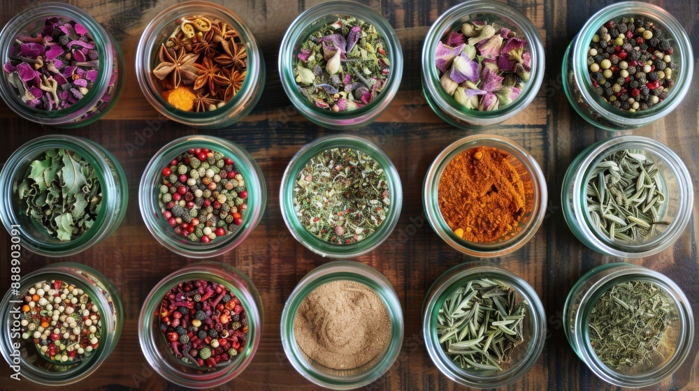 Vibrant Exotic Spices Arranged in Glass Jars on Wooden Table Flat Lay Vibrant Exotic Spices Arranged in Glass Jars on Wooden Table Flat Lay