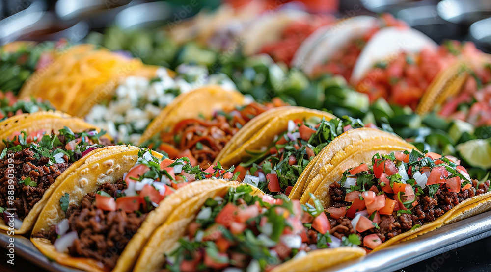 Fototapeta premium A platter of colorful tacos with various fillings and toppings. Generative AI.