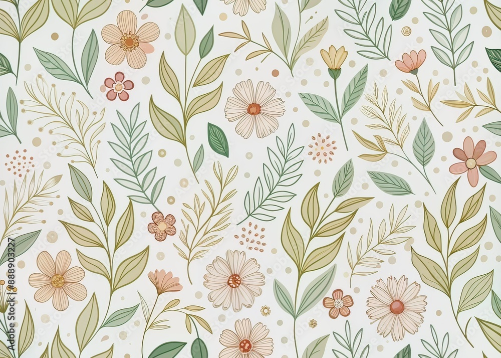 Delicate hand-drawn minimalist flowers and leaves in simple lines and gentle curves create a continuous seamless pattern on a clean white background. Delicate hand-drawn minimalist flowers and leaves in simple lines and gentle curves create a continuous seamless pattern on a clean white background.