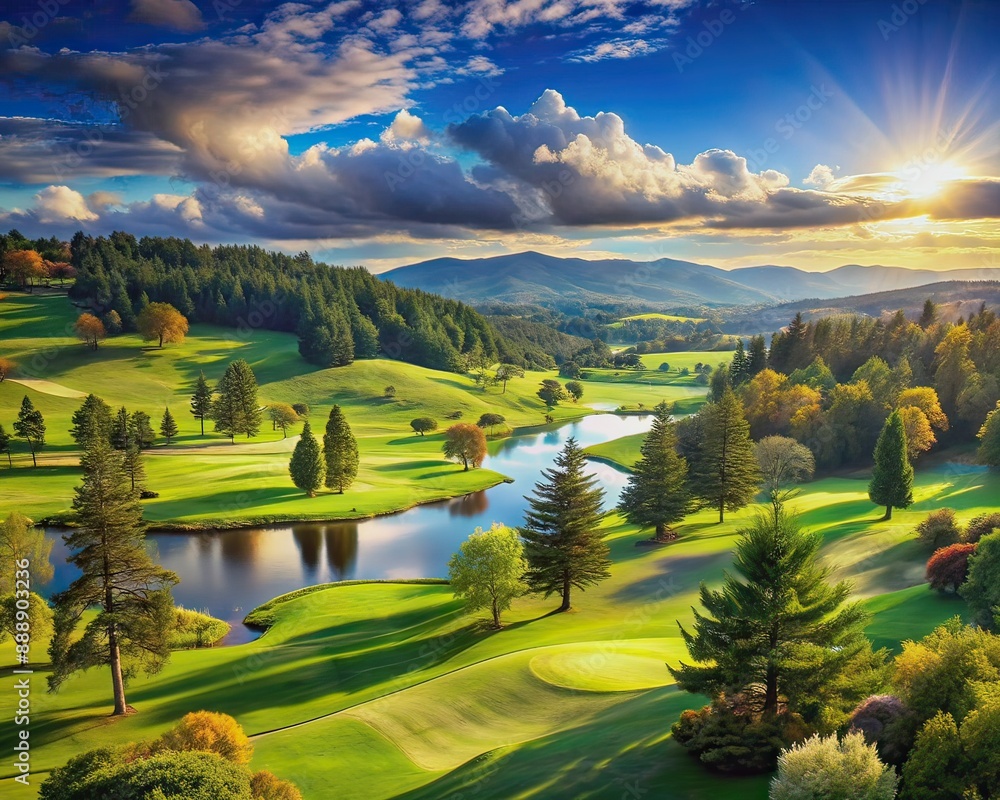Serene panoramic landscape of a lush golf course with rolling green hills, tranquil lakes, and towering trees under a bright blue sunny sky. Serene panoramic landscape of a lush golf course with rolling green hills, tranquil lakes, and towering trees under a bright blue sunny sky.