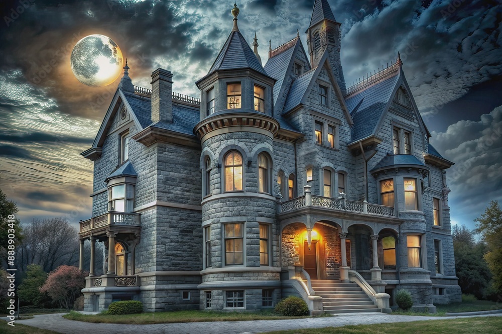 Eerie yet enchanting moonlit scene of a long-abandoned Victorian mansion, its intricate stone facade and turrets bathed in soft, silvery lunar illumination. Eerie yet enchanting moonlit scene of a long-abandoned Victorian mansion, its intricate stone facade and turrets bathed in soft, silvery lunar illumination.